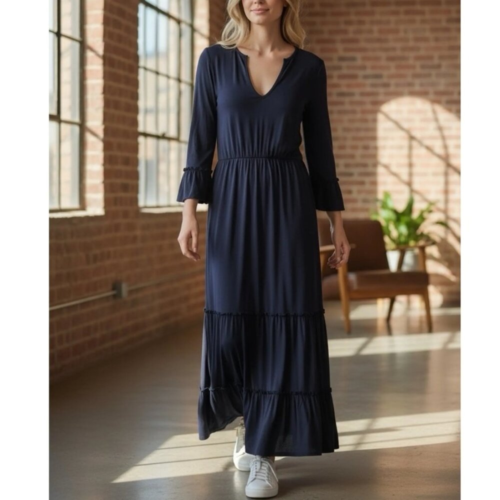 NWT BODEN Navy Tiered Maxi Dress US 12 Viscose Ruffle Sleeve Boho Cottagecore